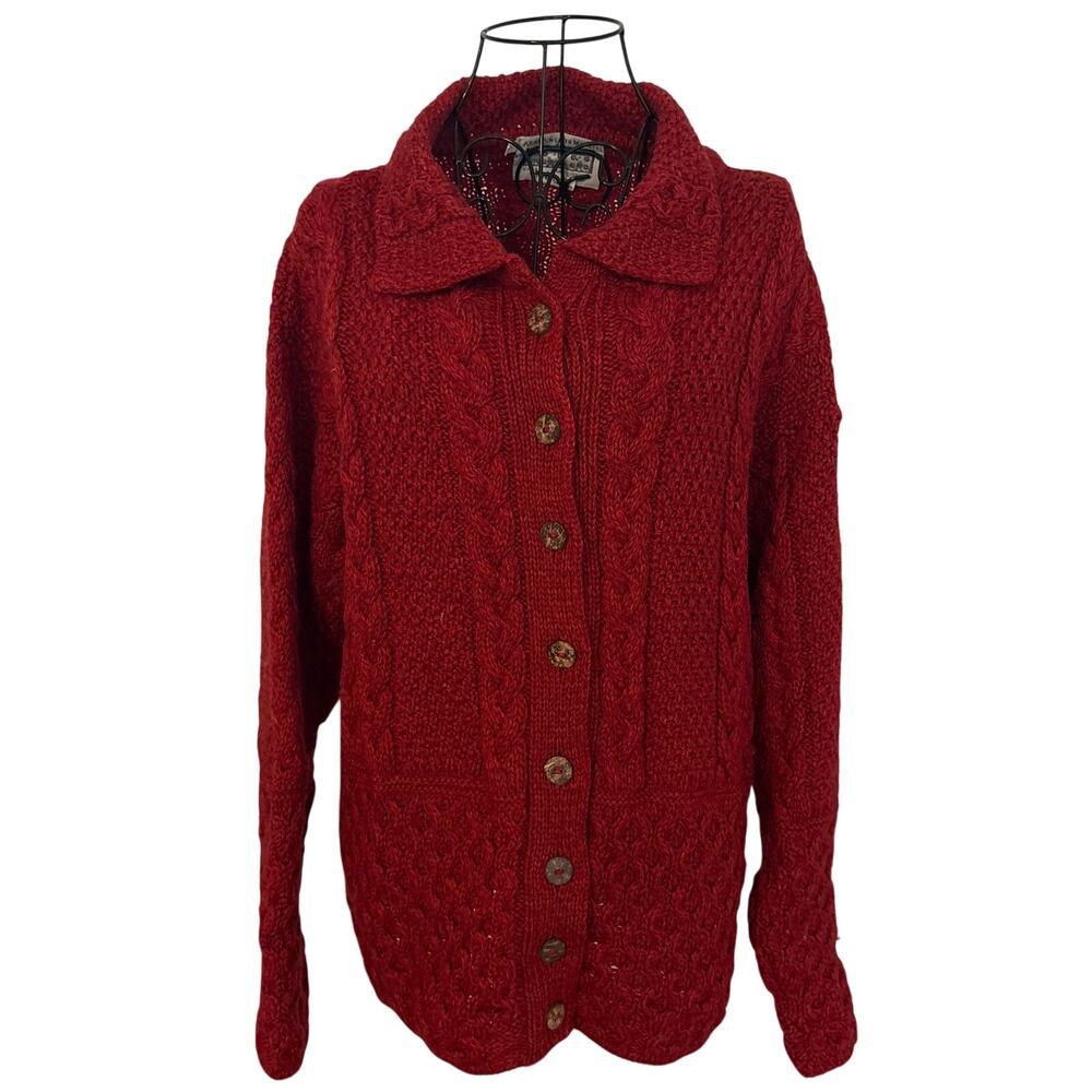 Aran Sweater Market Ireland 100% Merino Wool Red Cardigan Sweater Fisherman Knit